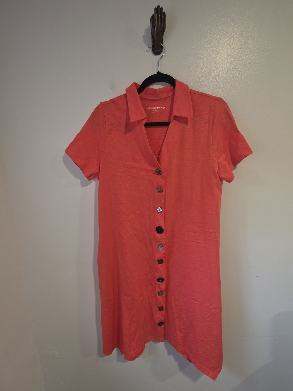 Soft Surroundings Coral Pink Short-Sleeve Button Up Collared Midi Dress Size Med